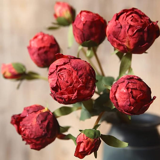 Peonies Artificial Flowers 2 Bouquets, Vintage Peonies 18pcs Silk Peonies with Stems Real Look Red Fake Peonies Flowers Artificial for Decoration for Wedding Bouquet (Red)