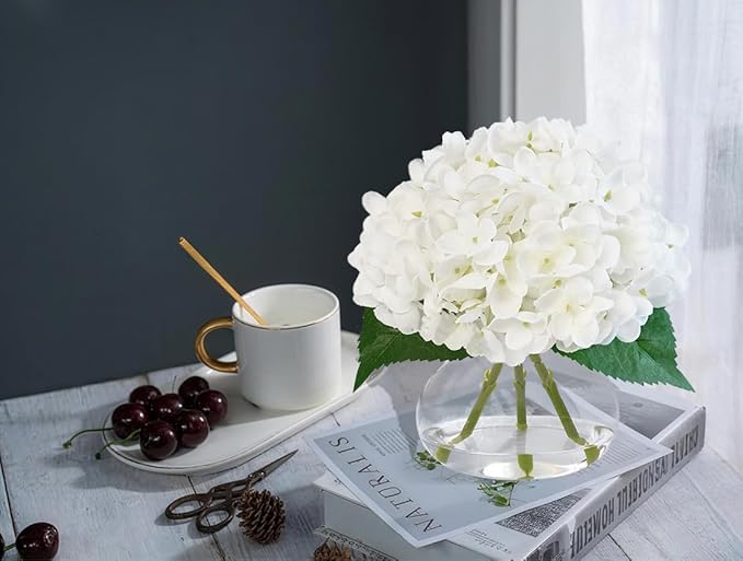 Hydrangea Artificial Flowers in Glass Vase, White Silk Fake Flowers Silk Centerpiece Table Decorations for Dining Room, Coffee Table Decor,Wedding, Home with Faux Water Decor(White)