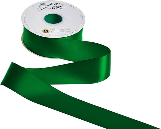 Humphrey's Craft 2 Inch Green Double Faced Satin Ribbon - Continuous 50 Yards Thick Satin Ribbon for Crafts, Gifts Wrapping, Decoration Christmas Tree, Bridal Bouquet,Wedding,DIY Bows,Sewing Hat.