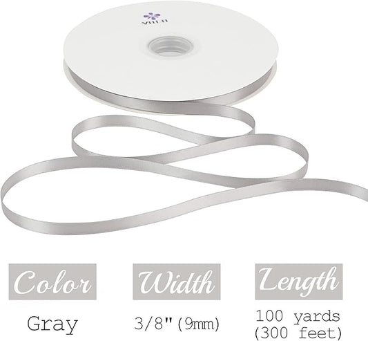 MEEDEE Silver Satin Ribbon - 3/8 Inch Double Face Satin Ribbon For Wedding, Gift Wrapping, Crafts & Hair - 100 Yards