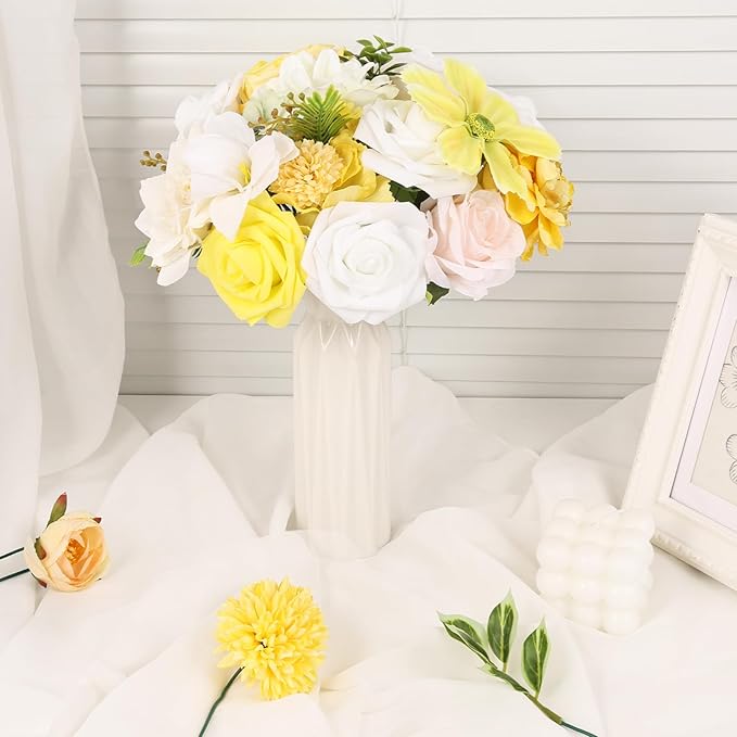 Artificial Flowers Combo Box Set Artificial Bouquets Wedding Flowers Faux Yellow Flowers Roses with Stems for Wedding Centerpieces Party Home Decor
