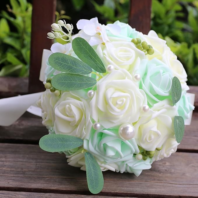 Lightweight Bridal Wedding Bouquet Round Holding Bouquet Throw Toss Artificial Rose Flower Bunch for Bride Bridesmaid Wedding Quinceanera (Cream & Light Cyan, 6.7")