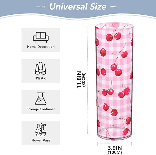 Flower Vase Clear Plastic Cylinder Vases Decor for Centerpieces Home Storage Office Weddings Pink Juicy Checkered Cherry 11.8 x 3.9 in