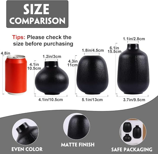 Black Ceramic Vase Set of 3, Minimalist Decor, Home Decorative Vase, Modern Ribbed Vases, Black Vase Set for Kitchen, Bedroom, Office, Living Room, Bathroom, & Shelf Centerpiece Table Decoration