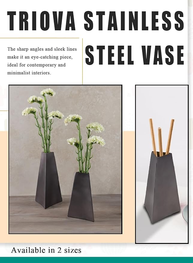 Serene Spaces Living Triova Stainless Steel Vase – Perfect for Fresh & Dried Flowers, Sculptural Accent for Mantels, Coffee Tables & Office Desks,Table Centerpiece, 4.5" Wide & 8.5" Tall