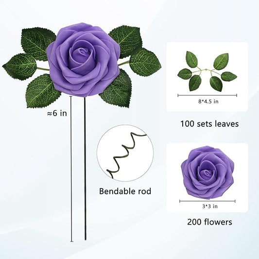 JOYLEX Artificial Flowers Realistic Roses, Real Looking Fake Roses with Stem for DIY Wedding Bouquets Centerpieces Bridal Shower Party Home Romantic Decorations (Purple, Regular 3" - 200pcs)