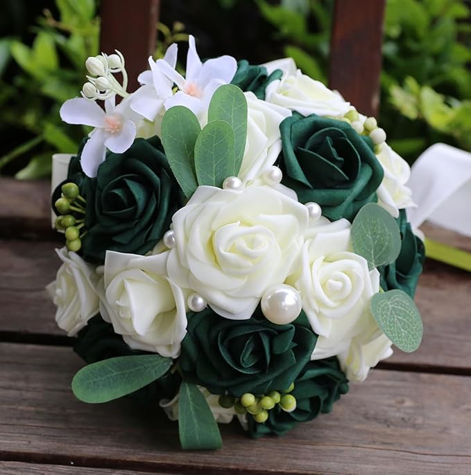 Lightweight Bridal Wedding Bouquet Round Holding Bouquet Throw Toss Artificial Rose Flower Bunch for Bride Bridesmaid Wedding Quinceanera (Cream & Dark Green, 6.7")