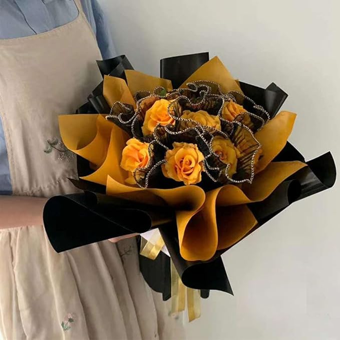 Flower Wrapping Mesh Paper Black Floral Wraps Bouquet Packaging Paper Wrinkled Wavy Net Yarn Valentine's Day Flower Shop Supplies Wedding Home Decoration 11 X 162 inches/bag (Pearl Black)