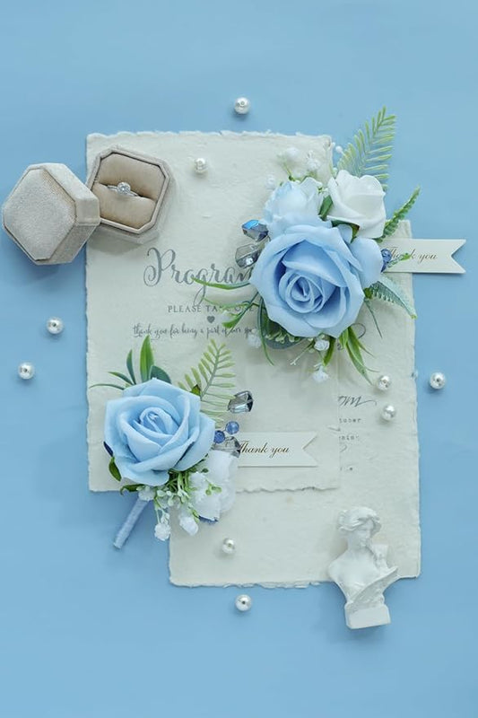 Dusty Blue Corsage and Boutonniere Set, Prom Wedding Homecoming Wrist Corsage Wristlet and Boutonniere Set for Grooms Groomsmen Guest Bridal Bridesmaid Artificial Flower Suit Decoration