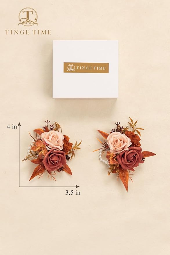 TINGE TIME Set of 2 Wrist Corsage Bracelets Pearl Wristlet Band Bridesmaid Bracelet for Wedding Ceremony Bridal Shower Wedding Artificial Flower Prom (Maple Red)