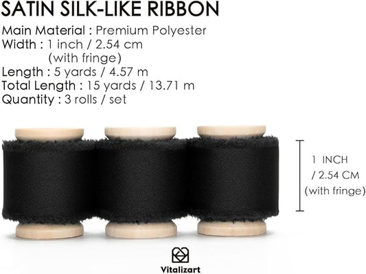 Vitalizart Black Silk Satin Ribbon 1 Inch x 15 Yard Wooden Spool Handmade Frayed Ribbon for Gift Wrapping Baby Shower Wedding Bridal Bouquets Holiday Decor 3 Rolls x 5 Yard