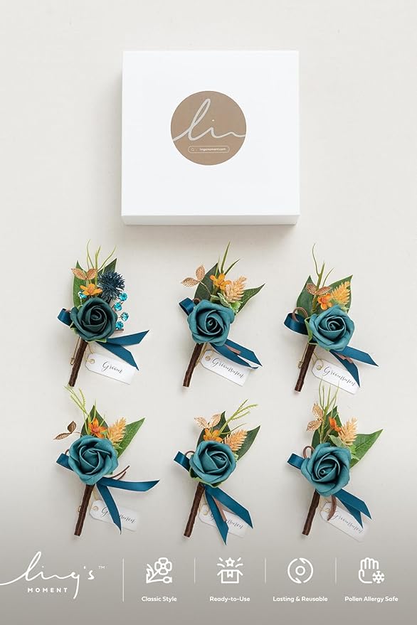 Ling's moment Boutonniere for Men, 6pcs Groom Groomsmen Boutonniere, Artificial Flowers for Wedding Decor/Prom/Homecoming, etc.Dark Teal Burnt Orange
