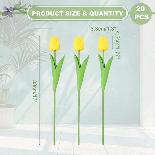 uxcell 20pcs Tulips Artificial Flowers, Faux Flowers Silk Fake Tulip Stems Real Touch for Wedding Bouquet Centerpiece Table Party Decoration(Yellow)