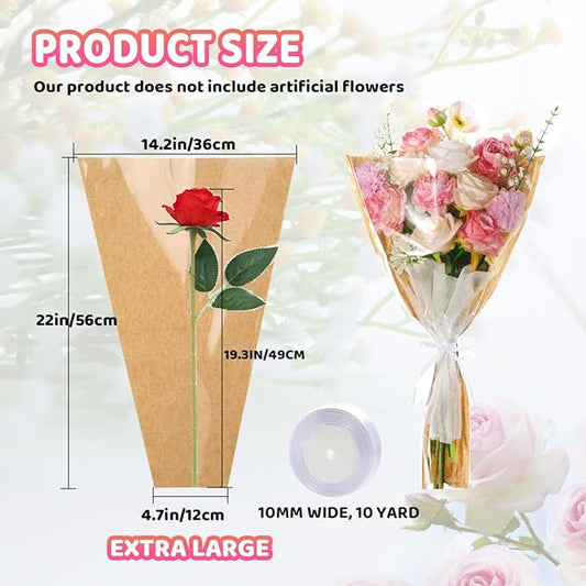 HSONAIGEE 50 Pieces Flower Bouquet Wrapping Paper, 22 x 14.2 Inch Extra Large Flower Bags for Bouquets Kraft Floral Wrap Sleeves with Ribbons for Home Mother’s Day Wedding Flower Bar Supplies