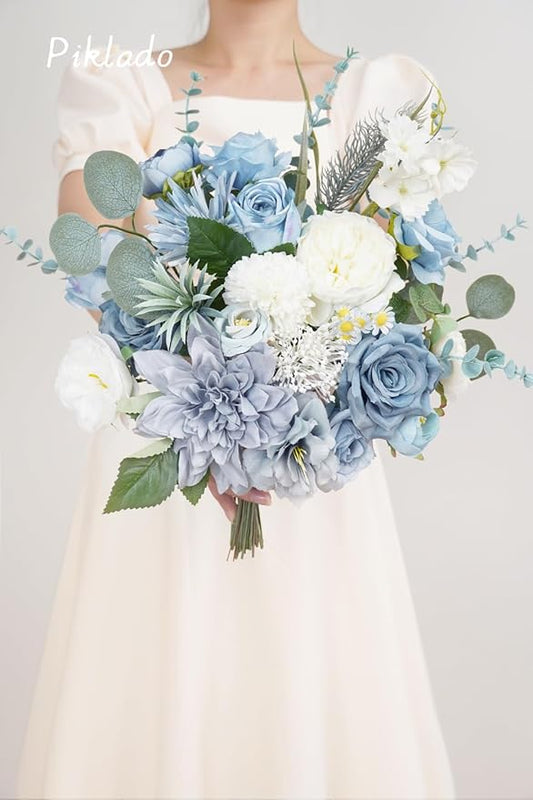 Artificial Flower Combination Box Set Artificial Flower Loose Leaves and Stems DIY Wedding Center Bouquet Bride Wedding Baby Shower(Grey White Blue)