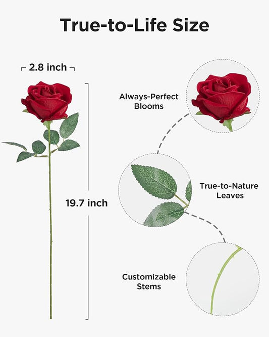 InnoGear 50 Pcs Red Roses Artificial Flowers, Fake Velvet Silk Rose Bulk Faux Flower for Decoration DIY Wedding Centerpieces Proposal Bridal Bouquets Shower Party Home Floral Decor (50, Red)