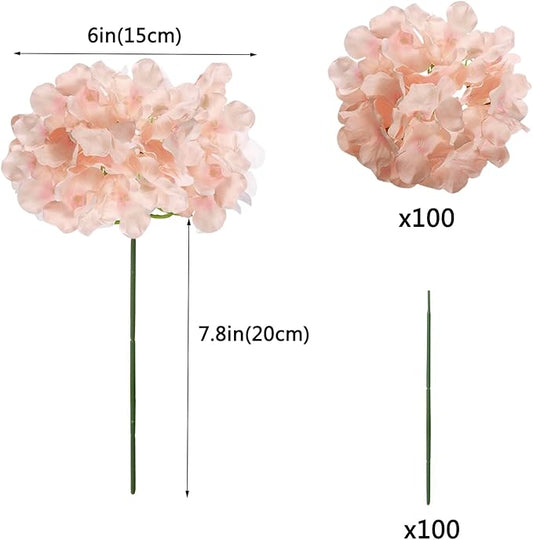 WEISPARK 100PCS Artificial Hydrangea Flowers, Fake Flowers Silk Hydrangea Full Flowers Heads with Stems for Wedding Home Party Shop Baby Shower Decor (Light Pink)