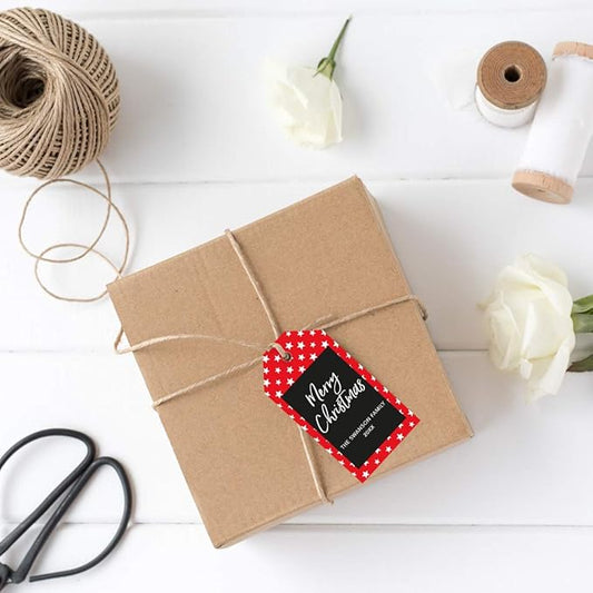 Andaz Press Personalized Christmas Holiday Season Classic Gift Tags, Merry Christmas Custom Family Name and Year, Red with White Stars Design, for Holiday Events, Parties, and Favors, 60-Pack