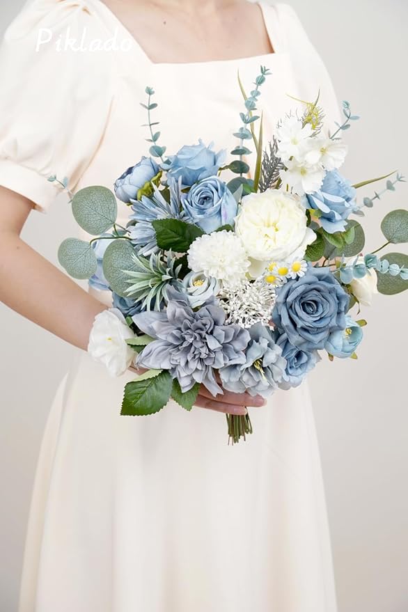 Artificial Flower Combination Box Set Artificial Flower Loose Leaves and Stems DIY Wedding Center Bouquet Bride Wedding Baby Shower(Grey White Blue)