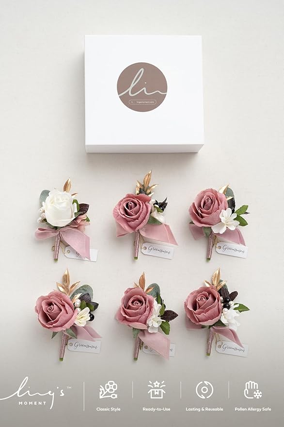 Ling's moment Boutonniere for Men, 6pcs Groom Groomsmen Boutonniere, Artificial Flowers for Wedding Decor/Prom/Homecoming, etc.Dusty Rose Mauve