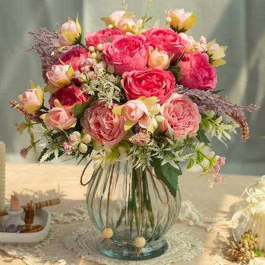 Artificial Peonies Silk Flowers Bouquet in Glass Vase Faux Flowers Bouquets Modern Penoy Arrangement for Home Decoration Table Centerpiece (Bouquet-Rose Red)