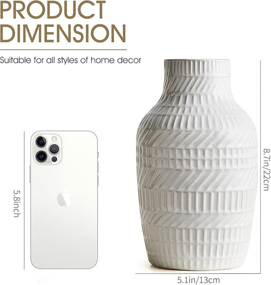 Modern White Ceramic Vase, Boho Flower Vases for Decor, 5.1" W x 8.7" H Modern Vase with Textured Pattern Table Centerpiece for Living Room Office Bedroom (White Vase)