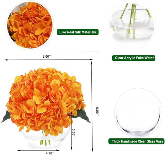 Hydrangea Artificial Flowers in Vase Orange Silk Flowers Arrangements with Glass Vase with Faux Water for Table Centerpiece Shelf Home Decor