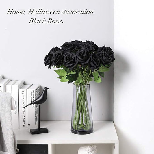 Laelfe 12 PCS Artificial Flowers Black Roses, Fake Silk Flower Long Stem Artificial Rose for Halloween Home Wedding Party Decorations(Black)