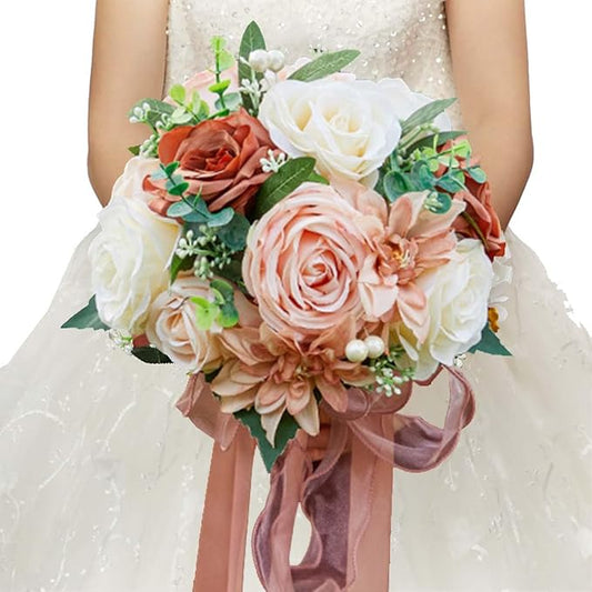 CYANLUX Wedding Bouquets for Bride Bridesmaid Bouquet Champagne White Artificial Roses Flowers for Wedding Valentine's Day Church Home Decoration… (Pink)