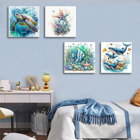 dgbtcart Ocean Wall Art Bathroom Decor – Watercolor Sea Turtle, Starfish Whale Canvas Prints – Coastal Beach Themed 4-Piece Set, 16x16 Modern Nautical Painting for Home, Bedroom, Kids Room