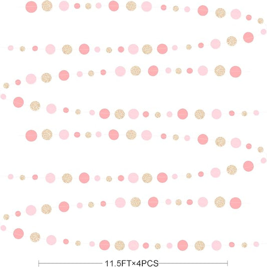 Champagne Gold Rose Pink Polka Dot Garland Champagne Dusty Pink Circle Dot Hanging Streamer Banner for Birthday Baby Shower Bridal Shower Wedding Engagement Retirement Boho Party Decorations Supplies