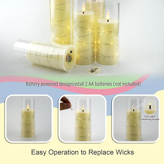 Flameless LED Candles with Timer 5 Pc Flickering Flameless Candles for Romantic Ambiance and Home Decoration Stable Acrylic Shell,with Embedded Star String,Battery Operated Candles(Ivory)