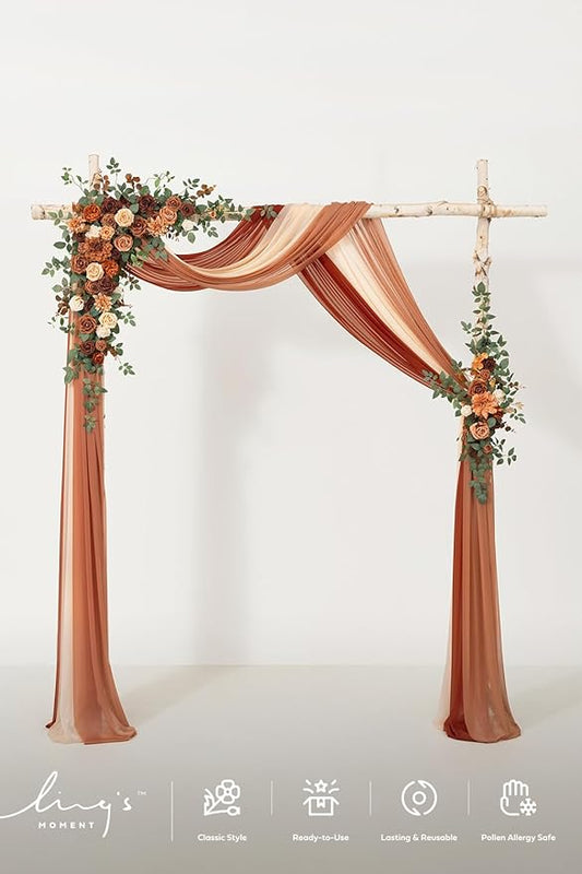 Ling's moment Wedding Arch Flowers with Drapes Kit-Pack of 5, 2pcs Flower Arrangements 3pcs Sheer Hanging Drapes Ceremony Arbor Backdrop Artificial Rose Floral Decor, Terracotta & Burnt Orange
