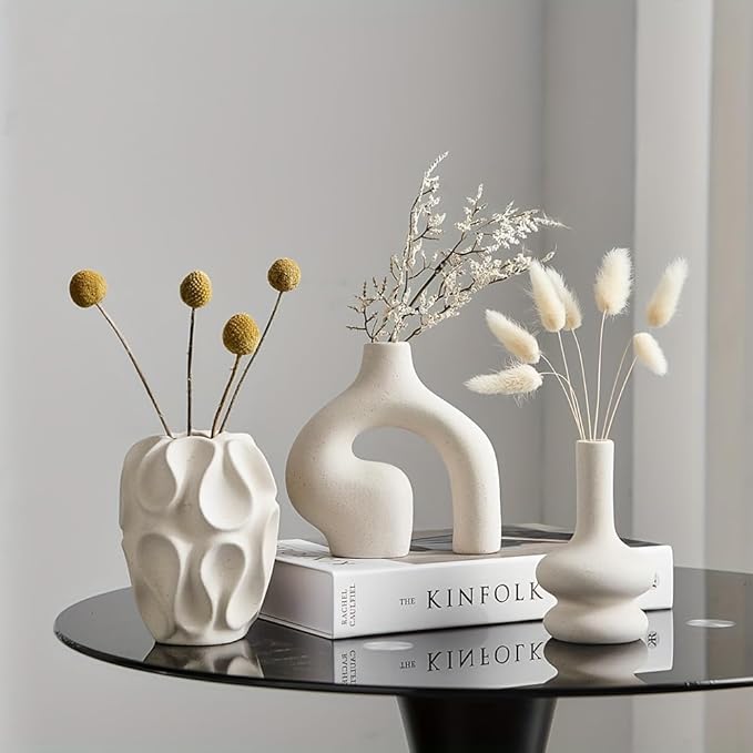 Boho Vase 3PCs | Modern Minimalist Donut Vase & Geometric Shapes | 3D Printed Imitates Ceramic Appearance | for Living Room Entryway Coffee Table Home Decor or Gift | Cream White