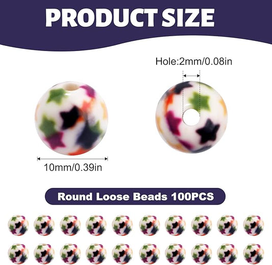 100 PCS 10mm Resin Beads Bulk for Bracelet Making Kit, Colorful Five-Pointed Star Printed White Round Loose Beads for Jewelry Earring Necklace Rings Art Craft DIY Projects