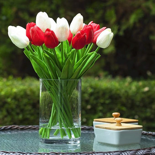 ENOVA HOME 20 Pieces Artificial Real Touch Tulips Flower Arrangement in Glass Vase with Faux Water for Home Decoration (White Red)