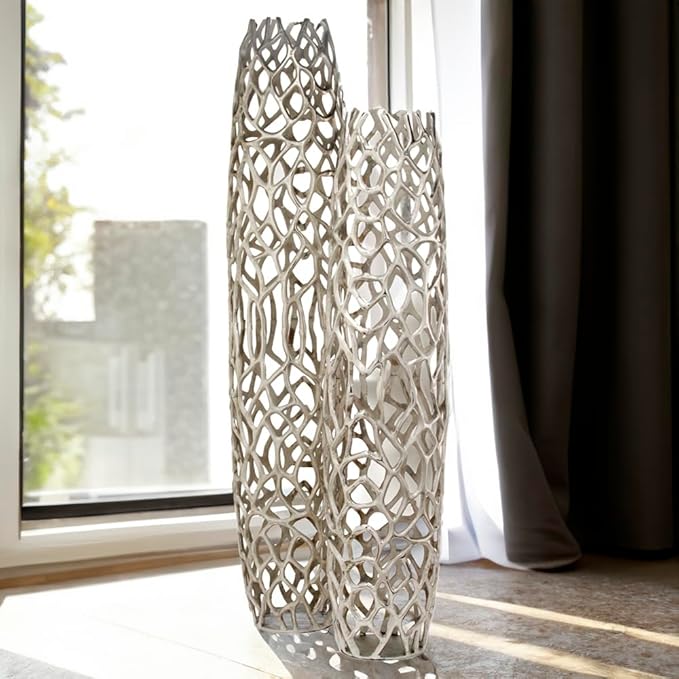 Modern Day Accents 3597 Rama Silver XL Twigs Barrel Floor Vase, Statement Piece, Tall Standing, Corner Decor 9" Lx 9" W x 40" H, House & Office Decor