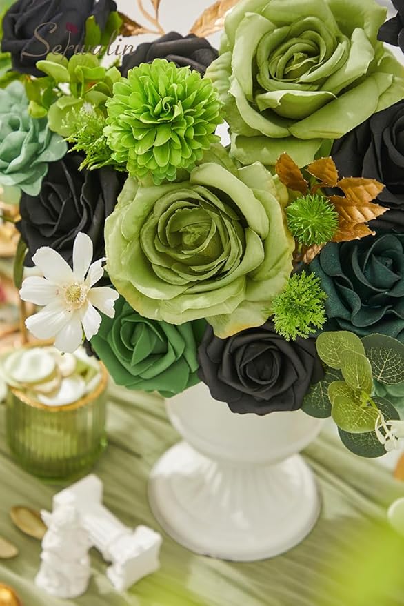 Serwalin Green Artificial Flowers, Black Silk Fake Flowers Greenery Stems for DIY Wedding Bridal Bouquets, Wedding Cake Flowers for Table Centerpieces Baby Shower Birthday Party Home Decorations