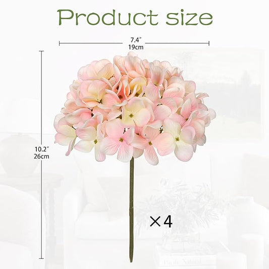 Hollyone Pink Silk Hydrangea Artificial Flowers Heads 7.4inch Large Fake Hydrangea 4Pcs Full Faux Flowers with Stems for Wedding Party Table Centerpieces Flower Arrangement Home Decor