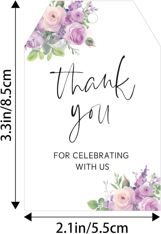 G2PLUS 50PCS Thank You Gift Tags with Twine, 3.3X2.2In Purple Floral Paper Tags for Wedding Favors, Baby Shower, Bridal Shower, Party Decorations