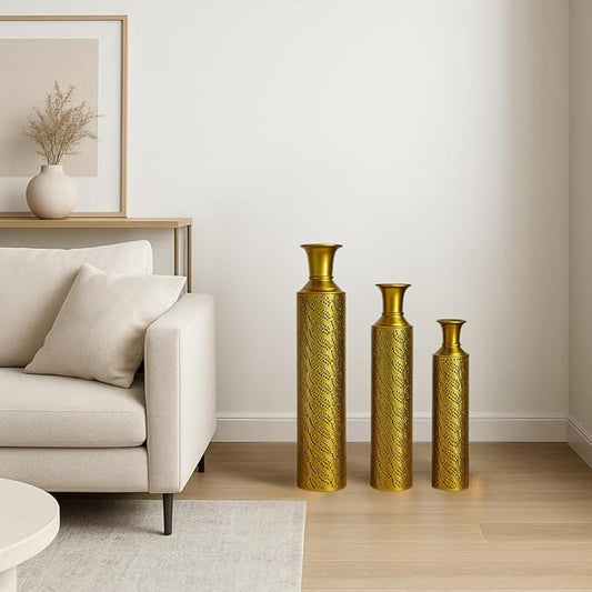 Leewadee Set of 3 Large Floor Vases – Decorative Tall Metal Vases in Gold (30/24/20 inches) – Elegant Home Decor for Stylish Interiors