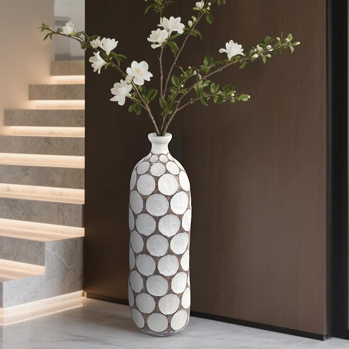 Modern Large Floor Vase,White Resin Vase with Carved Divots for Home Decor,22.2'' Tall Flower Vases for Entryway Living Room