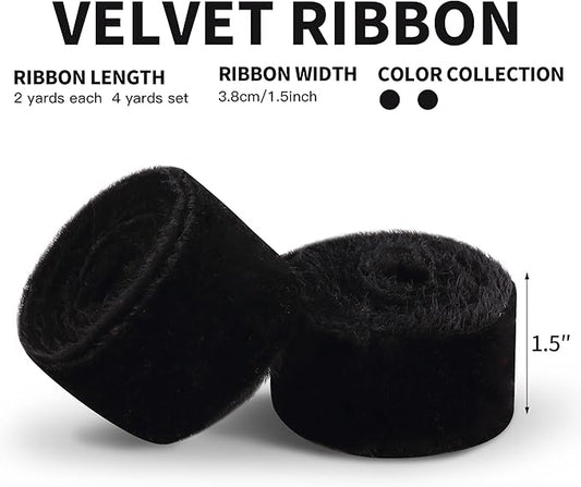 Velvet Ribbon for Gift Wrapping Black Handmade Fringe Ribbons for Crafts Bouquet Halloween Decorations 2 Rolls 1 1/2 Inch x 2 Yd (4 Yards Total)