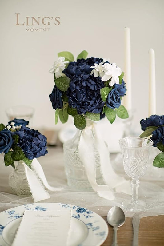 Ling's moment Flowers 16pcs Navy Blue Blooming Peonies Artificial Flowers with Stem, Artificial Peony Flowers for DIY Wedding Decorations Centerpieces Bouquets Boutonnieres