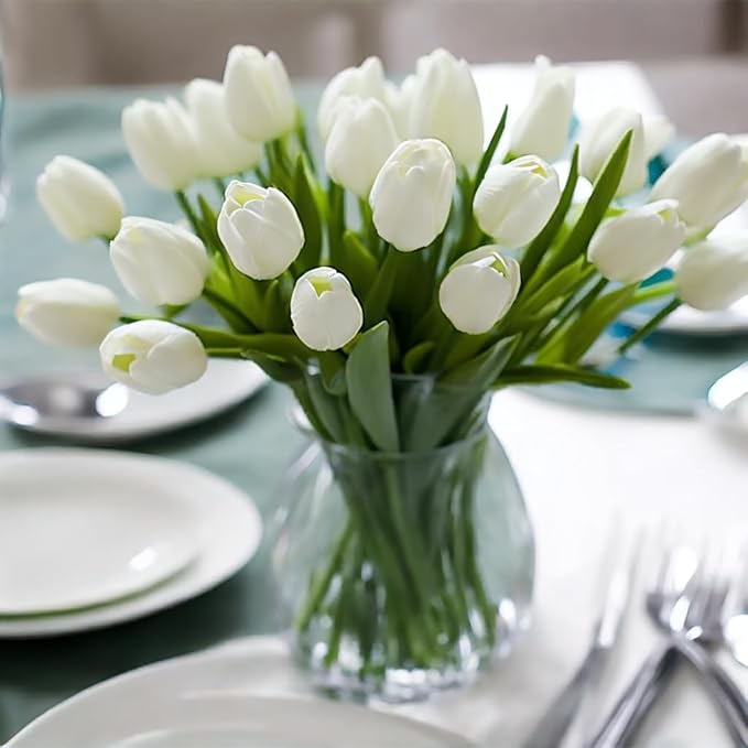 WeTop 30pcs Real Touch Tulips PU Artificial Flowers, Fake Tulips Flowers for Arrangement Wedding Party Easter Spring Home Dining Room Office Decoration. (White, 14" Tall)