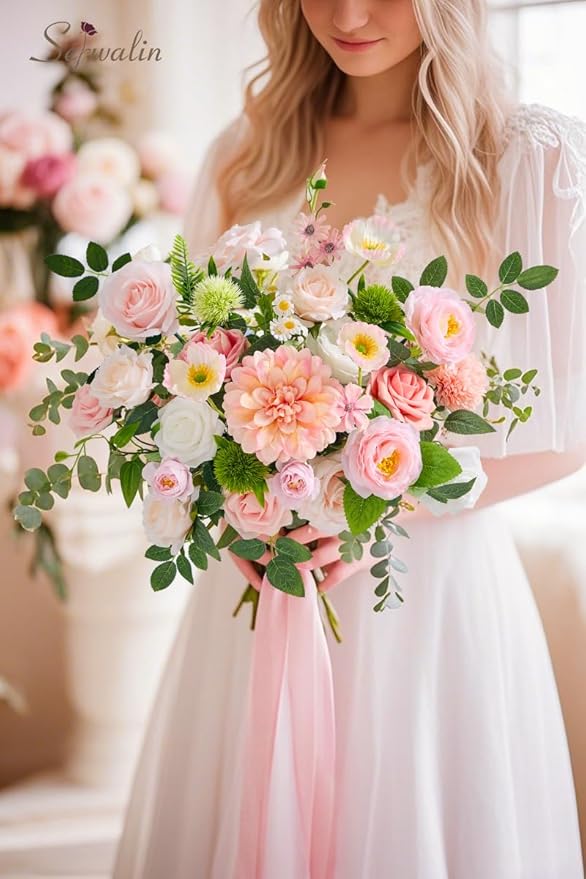 Serwalin Artificial Silk Flowers Blush Pink, Fake Flowers Stems for Wedding Bouquets DIY, Baby Shower Centerpieces, Cake Decor, Birthday Party & Home Decor (Pale Pink)