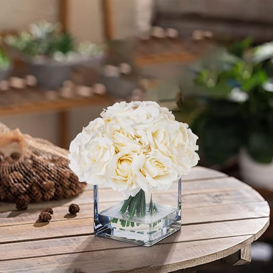 ENOVA FLORAL 18 Pieces Rose Artificial Flowers in Vase, Artificial Flowers Arrangements in Vase with Faux Water for Dining Table Decoration, Home Decor Indoor(Cream)