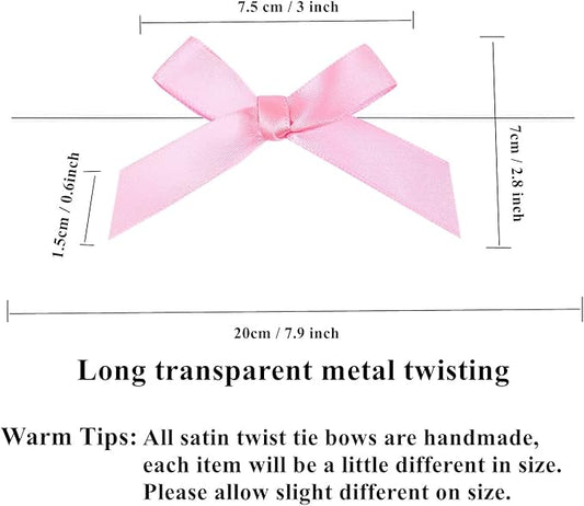 50 PCS 3 Inches Satin Bow Twist Ties, Ribbon Twist Tie Bows for Treat Bags, Pink Pretied Bows, Twist Bows, Tied Bows with Wire for Bags, Pre Tied Ribbon Bows for Baby Shower, Favors, Popcorn