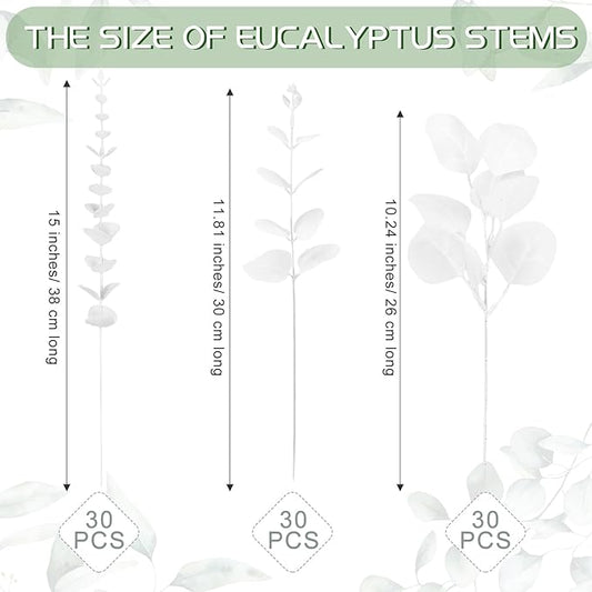 Giegxin 90 Pcs 3 Kinds Mixed Eucalyptus Leaves Stems Bulk Artificial Silver Dollar Leaves Picks Dried Eucalyptus Bundle Faux Spray for Wedding Vase Bouquet Floral Arrangement (White)