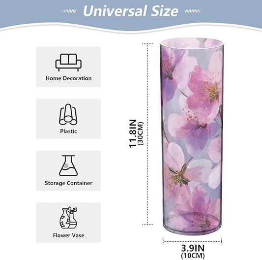 Flower Vase Clear Plastic Cylinder Vases Decor for Centerpieces Home Storage Office Weddings Japanese Cherry Blossom 11.8 x 3.9 in